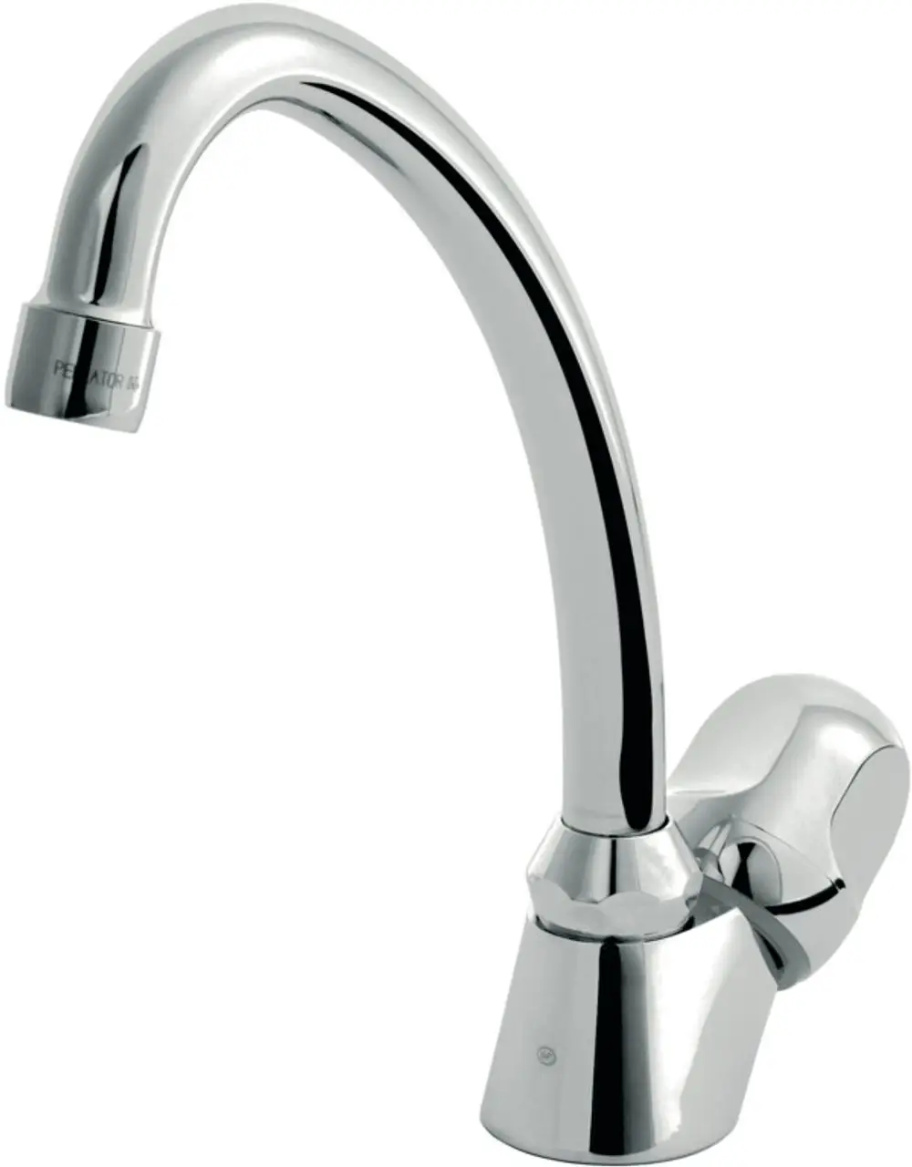 Chromfarbener Standventil von Ideal Standard mit geschwungener Auslaufform und bedienbarem Hebel, montiert in einem modernen Waschbereich.